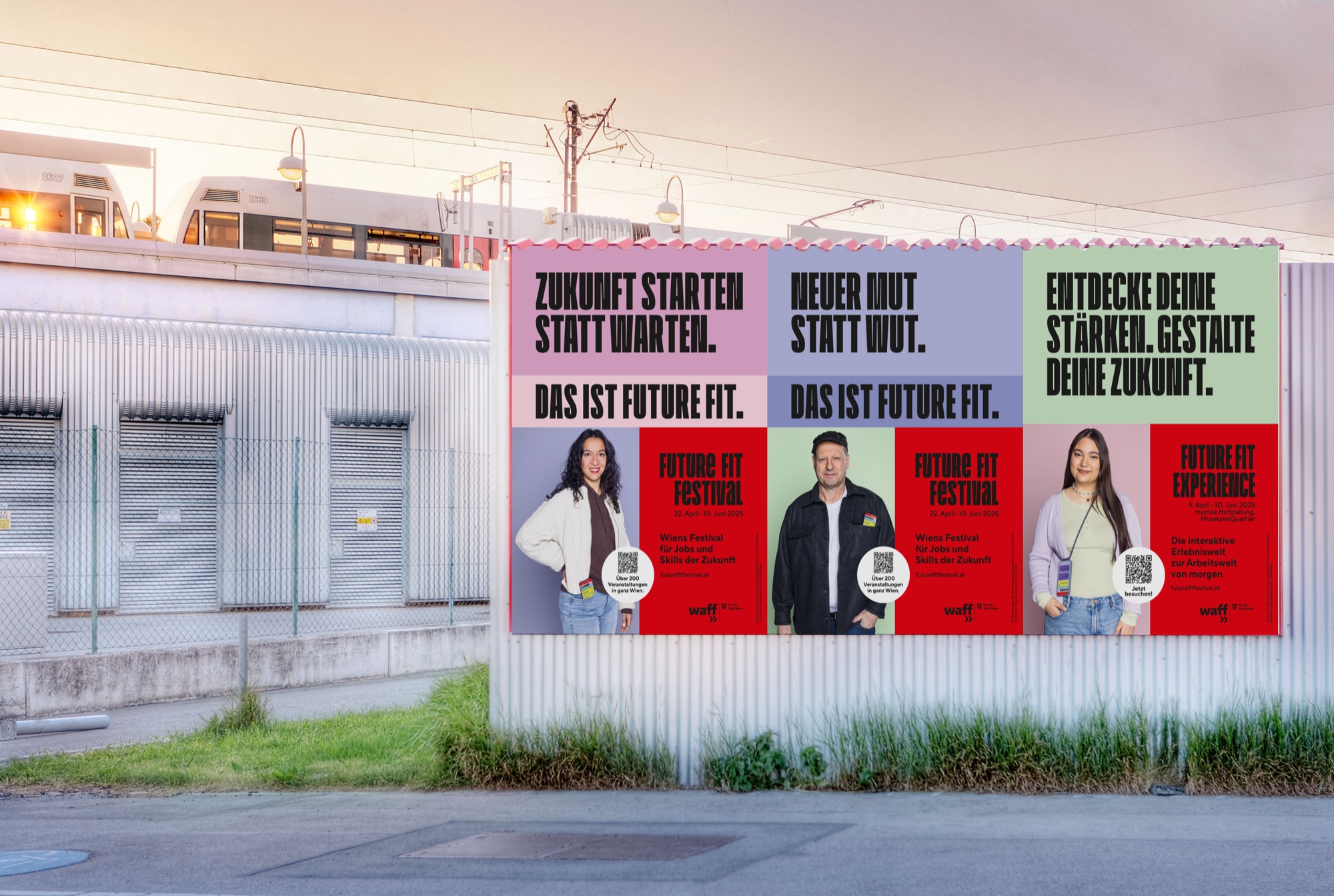 Future Fit Festival billboard with three posters next to a railway line in Vienna