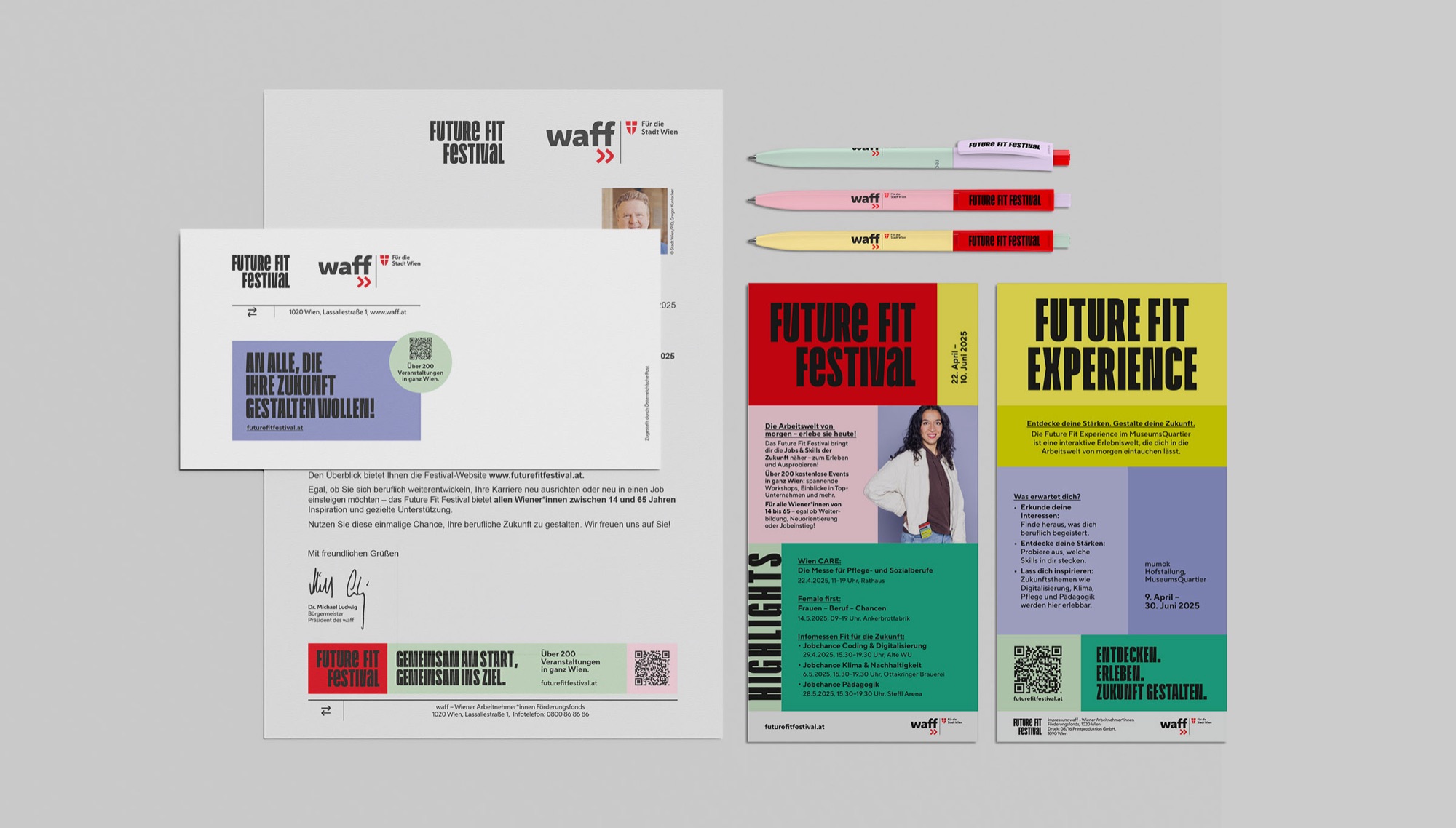 Direct mail with letter, envelope, pens and two folded programmes