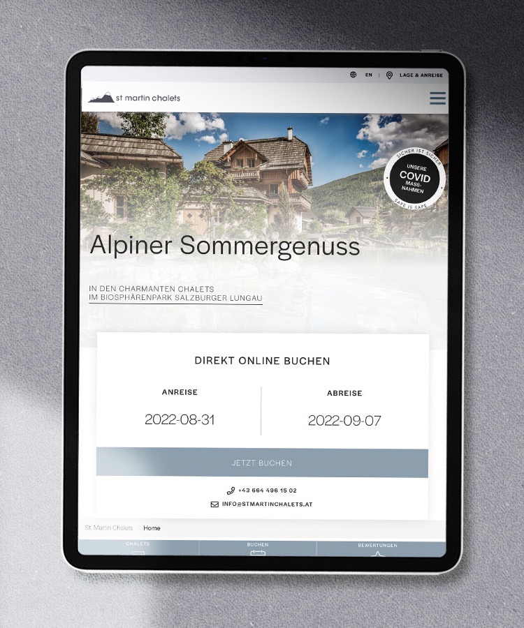Website for st martin chalets on a tablet