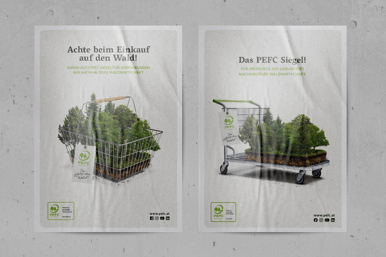 PEFC poster “Achte beim Einkauf auf den Wald!” on a concrete wall